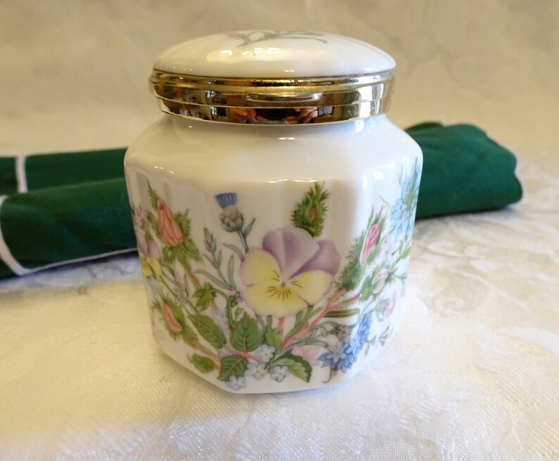 English Fine Bone China Floral Trinket Box Aynsley Wild Tudor Octagonal Hinged Trinket Box with Gold Tone Clasp Hinged Jewelry Box