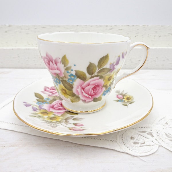 Duchess Floral English Bone China Teacup and Saucer Set Summer Patter, Pink Rose Teacup with Forget Me Not Flowers Made in England
