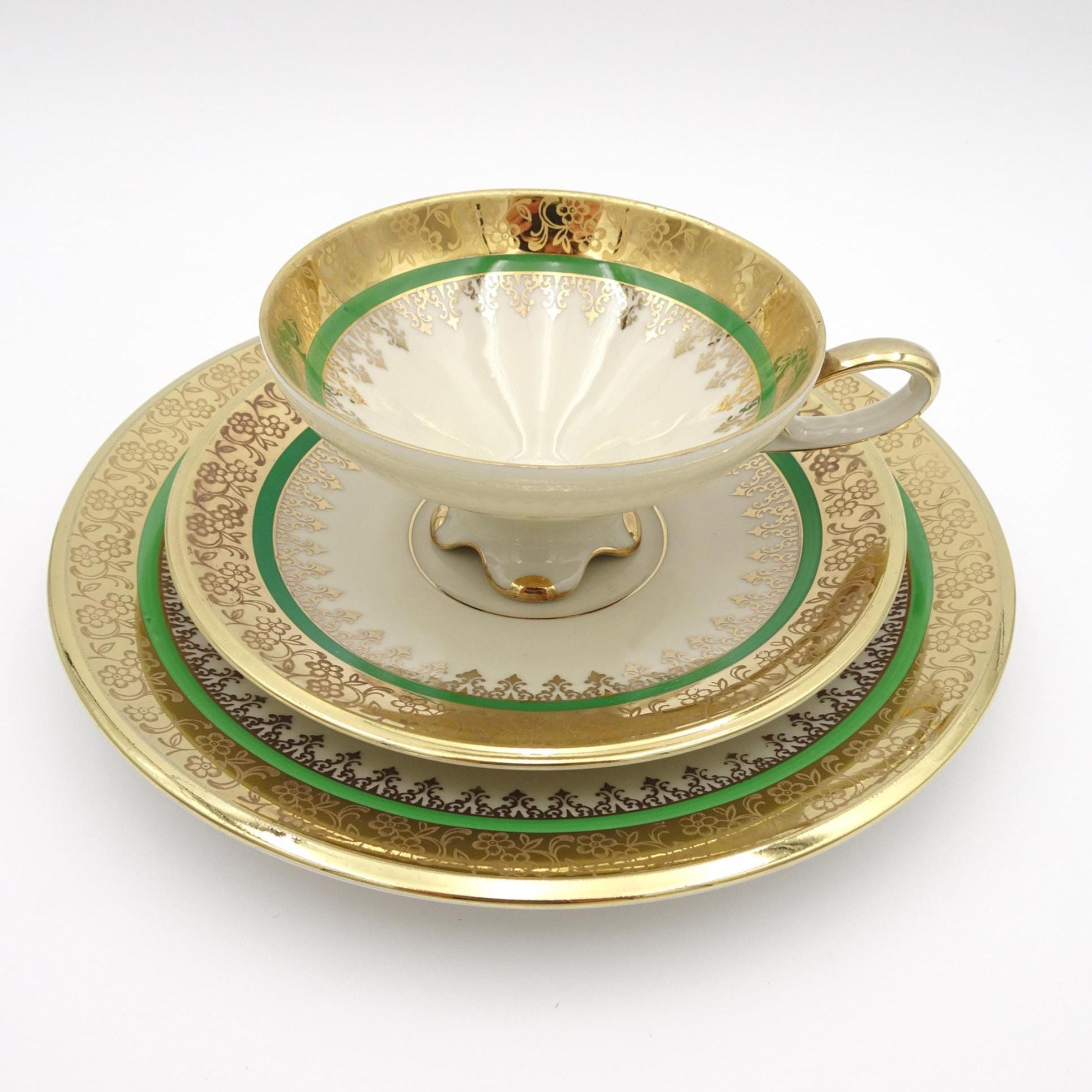 Vintage Gold and Green Porcelain Tea Cup Trio, Zehendner (z&co