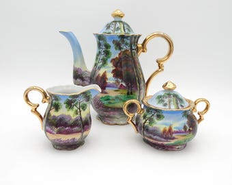 Norcrest Hand Painted Forest Scene Tea Set, Gold Trim, Made in Japan