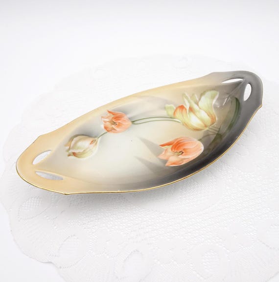 RS Germany Porcelain Relish Dish Orange Tulips on Gray and Tan