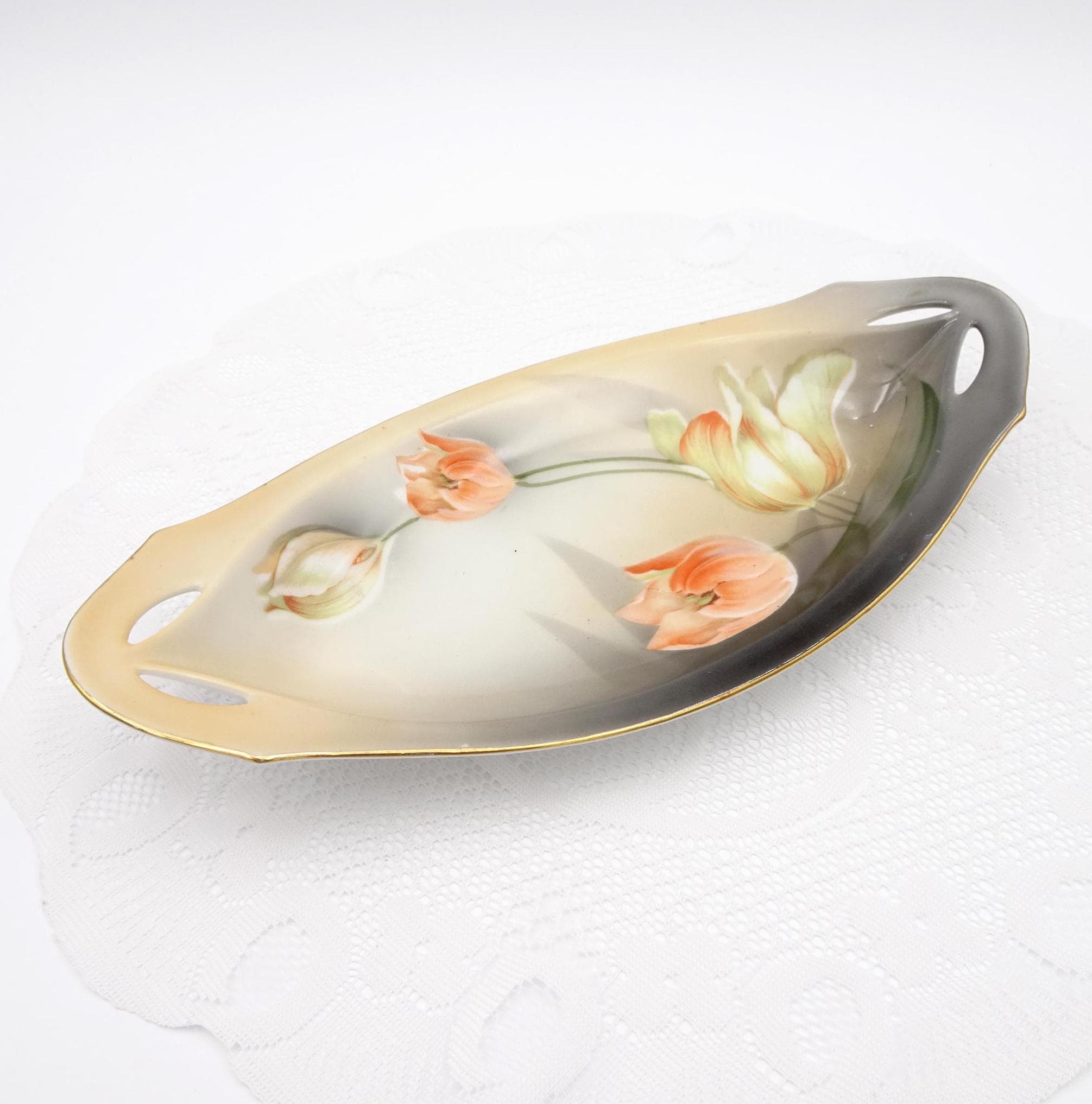 RS Germany Porcelain Relish Dish Orange Tulips on Gray and Tan