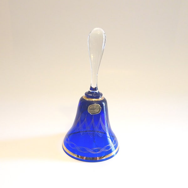 Bohemian Crystal Bell Cobalt Blue with Gold Designs, 6.5" Crystal Bell Made in Czechoslovakia