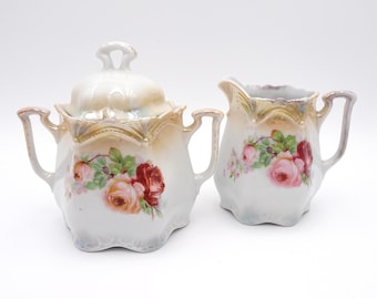 Vintage Lusterware Creamer and Sugar Bowl Set: Pink Rose Design, Made in Germany