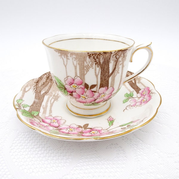 1930s Royal Albert Woodland Tea Cup and Saucer Wild Pink Roses with Gold Trim, Scenic English Bone China Teacup, Crown China Mark