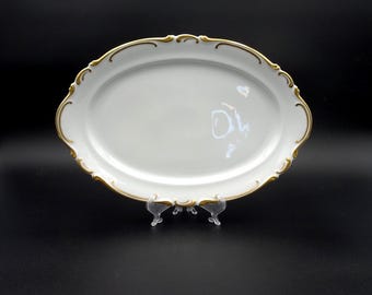 Heinrich & Co Selb Bavaria Porcelain Serving Platter: 13 x 8.75 Inch Oval, Gold Scrolls