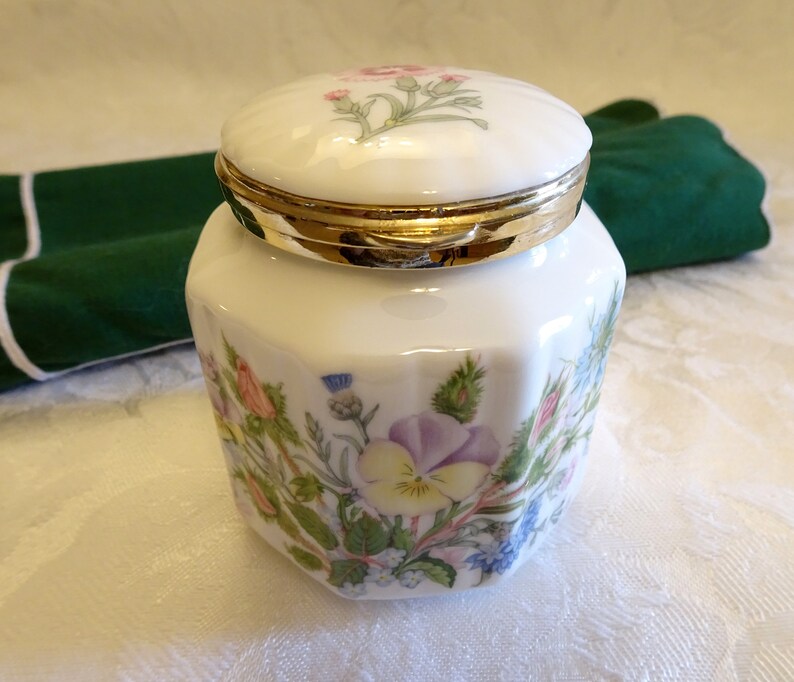 English Fine Bone China Floral Trinket Box Aynsley Wild Tudor Octagonal Hinged Trinket Box with Gold Tone Clasp Hinged Jewelry Box