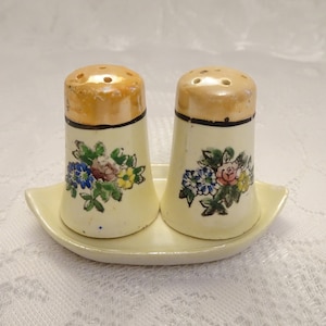 Occupied Japan Hand Painted Miniature Floral Lusterware Salt and Pepper Shakers on Tray