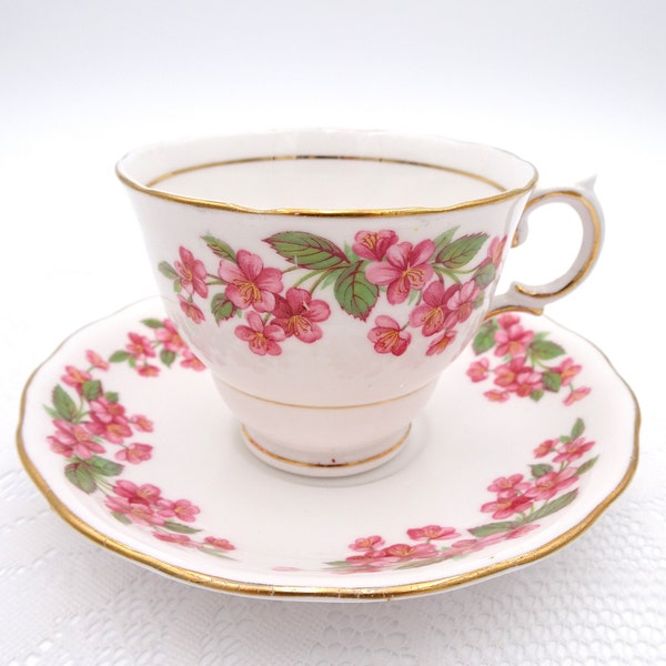 Colclough Tea Cup and Saucer with Pink Floral Border Made in England