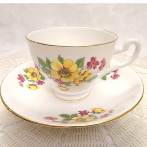 Imperial English Fine Bone  China Floral Tea Cup and Saucer Warranted 22 KT Gold Filigree Interior and Trim, Imperial Rose Teacup England