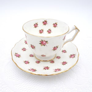 Aynsley Rosedale Tea Cup and Saucer with Tiny Pink Roses and Crocus Shape Made in England