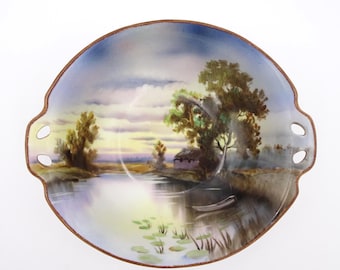 Bol panorámico antiguo Nippon Noritake pintado a mano, con asas caladas.