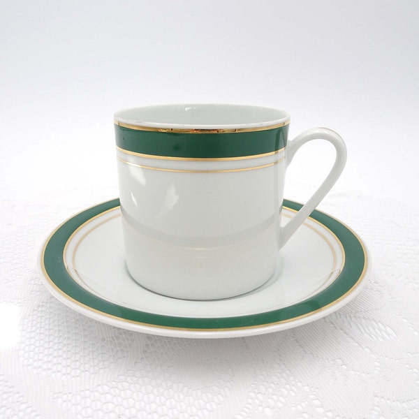Crown Porcelain Prestige Flat Cup and Saucer Hunter Green Border Gold Trim Made in Thailand