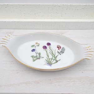 Louis Lourioux Le Faune Wild Flower Au Gratin Dish Handles Gold Trim Made in France, French Porcelain Fire Proof Baking Dish Botanical Theme