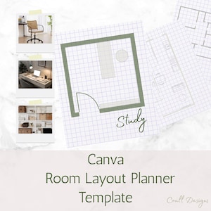 May include: A Canva room layout planner template featuring a study room design. The image includes a study room floor plan, alongside three smaller images of a study room, a desk with a laptop, and a shelf with storage boxes.