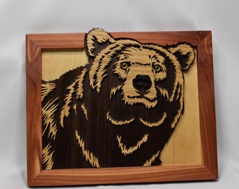 Grizzly Bear Hand Cut Scroll Saw Wood Picture Wall Decoration 8 x 10