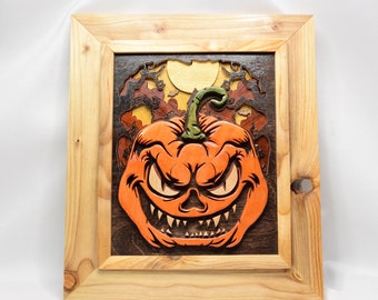 Halloween Jack O Lantern Pumpkin Wood Picture Hand Cut Scroll Saw Wall Art 9.75 x 11