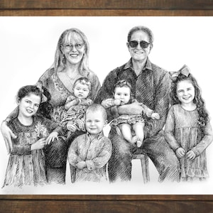 Christmas gift, Custom charcoal family portrait from merging multiple photos, Personalized gifts, Loss of loved ones, Deceased portrait
