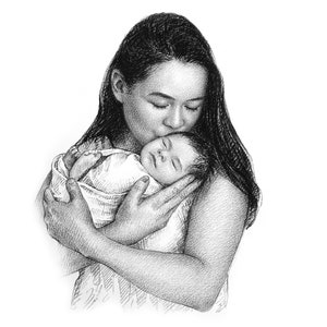 Custom portrait from photo, Hand drawn portrait, Family portrait, Gift for Mom, Personalized Christmas Gift, drawing portrait, New mom gift