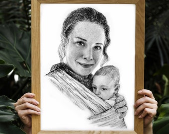 Drawing mother daughter, Mom Christmas gift from daughter, Mothers day gift ideas, mother daughter drawing, Charcoal drawing from photo