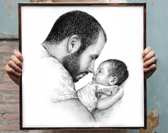 Christmas gift for new dad, portrait dad gift portrait, new dad personalized gift for dad from baby, Custom portrait from photo, Hand Drawn