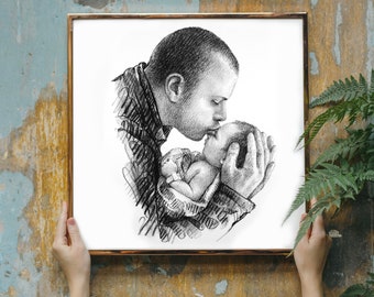 Dad Gift New Dad First Time Dad Personalized Picture Daddy from Son Daughter - baby daddy - gift for new dad - custom drawing- charcoal