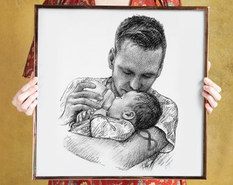 Custom Portrait Family  art - perfect gift for father - custom gift - gift for dad - cute family - charcoal drawing - personalized gift