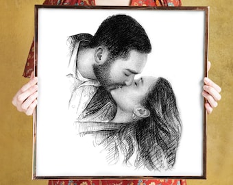 1st anniversary gift for wife, for husband, Charcoal portrait commissions, Paper anniversary gift for him, Wedding gift for couple unique