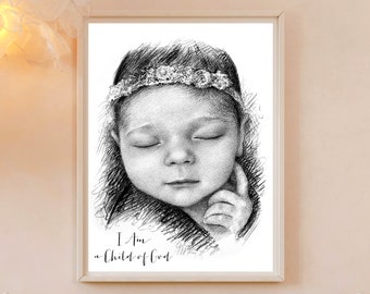 Christliches Baby Mädchen Geschenk, Erstkommunion Geschenk Mädchen, neues Baby Papa Geschenk, 1. Geburtstag, Kohle Portrait, Neugeborenes Geschenk für Baby, Kinderzimmer Kunst