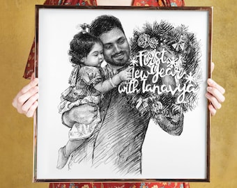 New year gift for friend, new year's eve, new dad gift from wife, unique christmas gift, new dad gift, personalized, custom charcoal drawing
