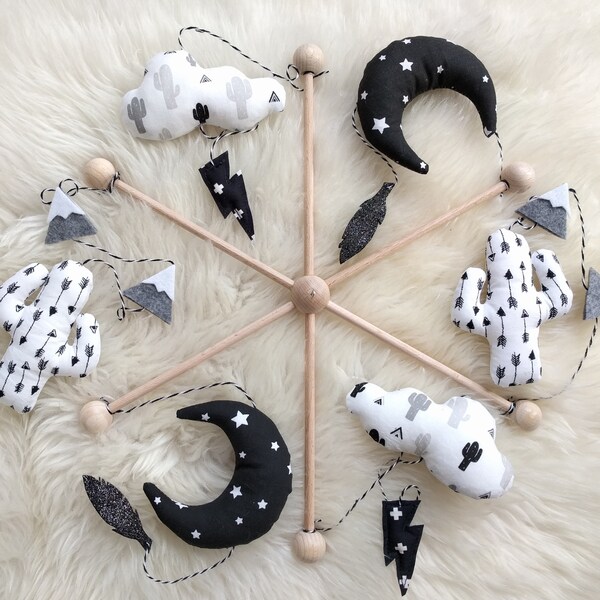 Tribal Baby mobile/cactus, moons and clouds/ nursery decoration/ black white