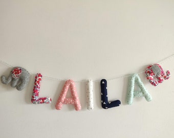 Fabric Name garland/Letters Banner/Baby room decoration/Wall Art Nursery/ Elephants