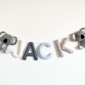 Fabric Name garland/Letters Banner/Baby room decoration/Wall Art Nursery/ Koala grey blue design