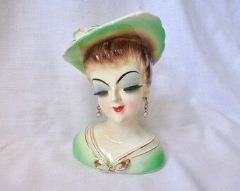 VINTAGE Lady HEAD VASE 5.25" closed eyes light green outfit hat and earrings