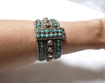 Rare Antique heavy STERLING + TURQUOISE handcrafted CUFF bracelet 137 grams