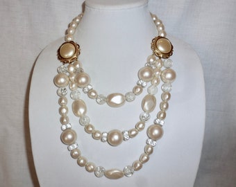 YSL Yves Saint Laurent 3 strand faux PEARL and CRYSTAL necklace