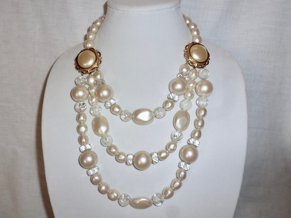 YSL Yves Saint Laurent 3 Strand Faux PEARL and CRYSTAL Necklace Etsy