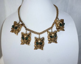 Joseff of Hollywood CAT KITTY CHARM necklace green eye cats Gold plated