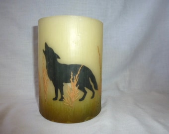 vintage HANDCRAFTED Howling WOLF wax CANDLE large with votive holder