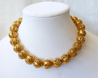 Les Bernard bright GOLD FILIGREE ball CHOKER necklace metal chain necklace