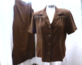 Karin Stevens 2 piece SET SUIT outfit size 12 Vintage MAXI Tank Dress short, sleeve jacket turquoise beads,