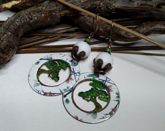 Bohemian and poetic earrings, enameled copper discs with tree cutouts and lampwork beads, white/green, poetic, women's gift