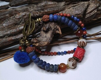 Elegantes Ethno-Chic-Armband, Lapislazuli und Karneol, Samen, rustikal, Boho-Chic, rot/blau, Zinnober, Edelsteine, Geschenk für Frauen