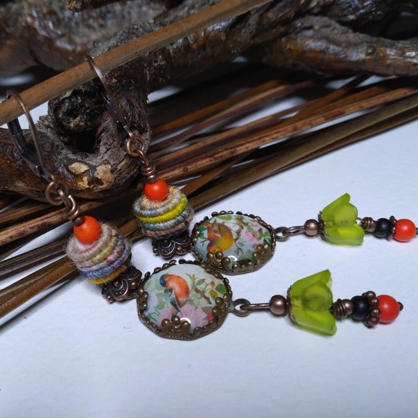 Victorian bird connector earrings, textile beads, howlite, orange/multicolor, boho chic, nature spring woman gift