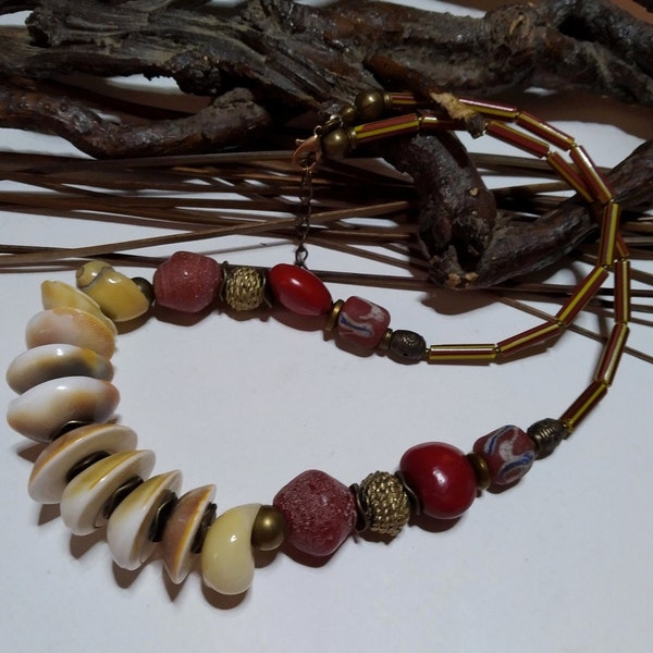 Mid-length tribal ethnic necklace, Shiva's eye beads and old African Ghana glass beads, rustic red seeds, women's gift