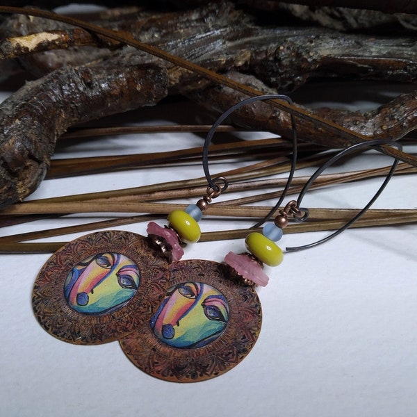 Boho/hippie earrings, enameled copper disc and lampwork, rode/blue/green, stylized portrait reproduction painting, women's gift