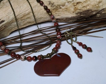 Low price duo short necklace and boho chic earrings in breccia jasper, large heart pendant, gems, red/brown, women's gift