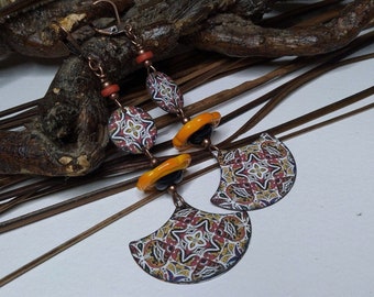 Bobo chic earrings, geometric cashmere enamelled copper, lampwork-spun glass beads, hippie/gypsy, autumn colors, gift