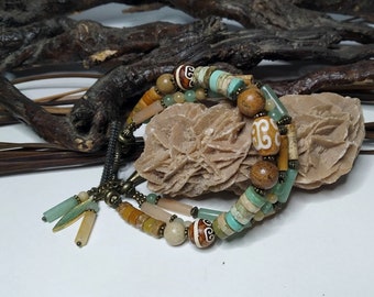 Bohemian multi-row bracelet, serpentine beads, dzi agate, landscape jasper, green/yellow aventurine, gemstone bracelet, gift