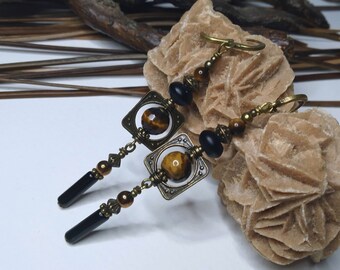Bohemian earrings in tiger's eye and onyx, natural gemstones, golden brown/black, boho chic earrings, women's gift